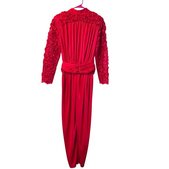 Vintage Claralura Red‎ Jumpsuit L/S Rhinestone Button Lace Sleeve USA 80s Glam - Picture 6 of 12